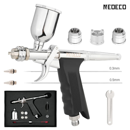 Gravity-Feed Dual-Action Airbrush — Pistol Grip Trigger Fan Spray Gun with 0.3mm/0.5mm Nozzles & 15CC Fluid Cups for Car Models & DIY