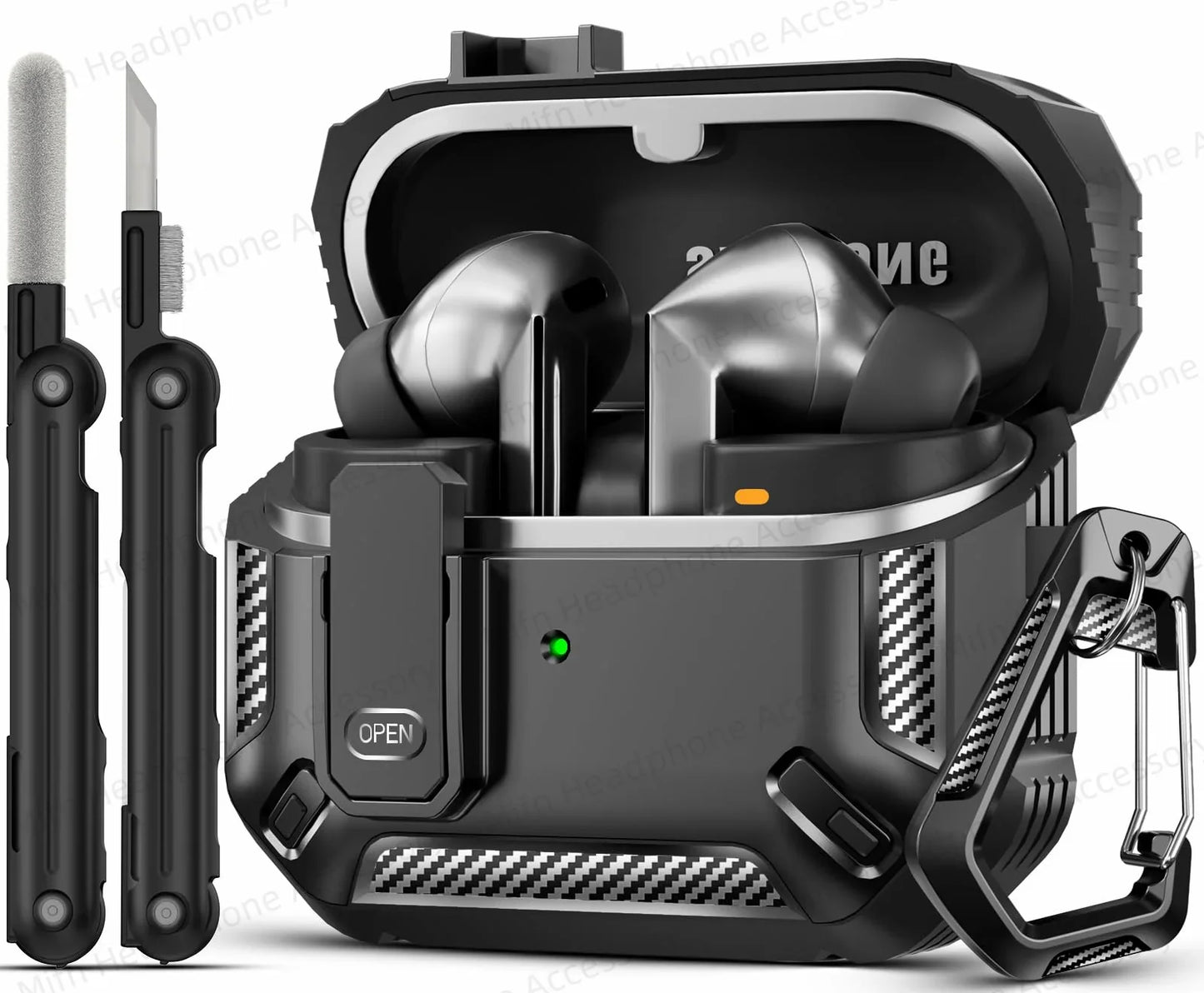 Shockproof Carbon Fiber Camouflage Case for Galaxy Buds 3 Pro – Secure Lock Clip & Cleaning Kit Included – Full Body Protective Cover