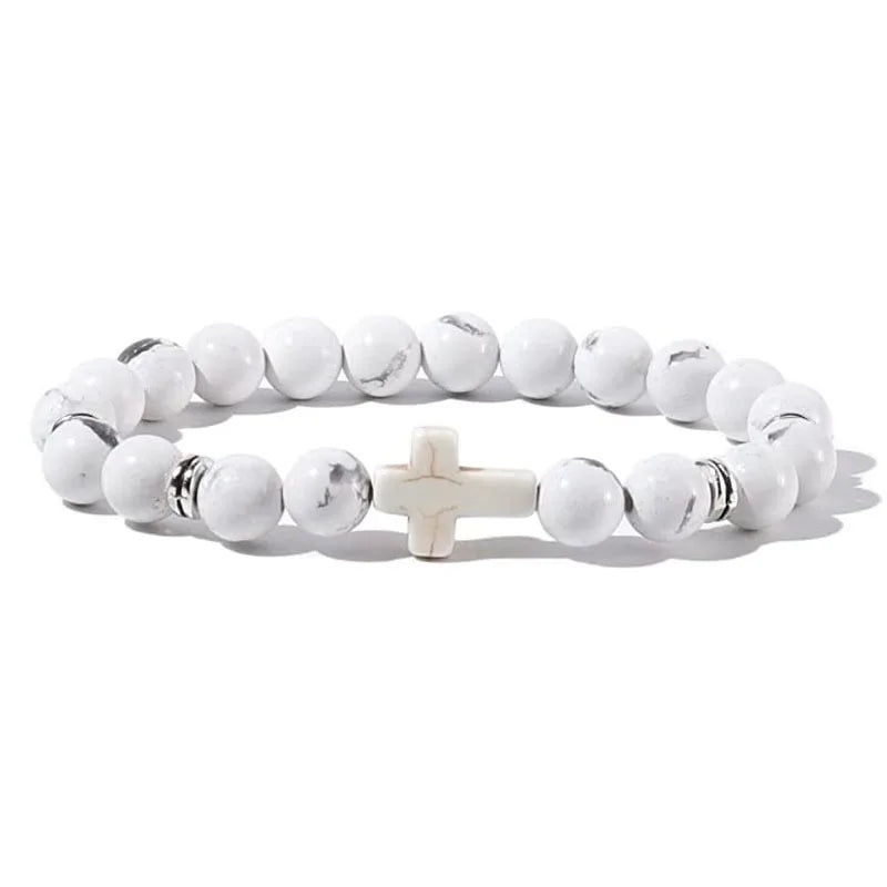 Natural Stone & Wood Bead Rosary Bracelet - Hematite Cross Meditation & Yoga Jewelry for Men & Women