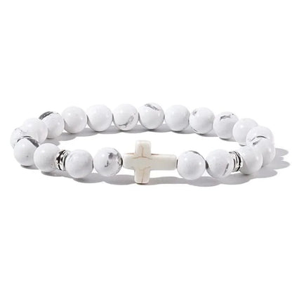 Natural Stone & Wood Bead Rosary Bracelet - Hematite Cross Meditation & Yoga Jewelry for Men & Women