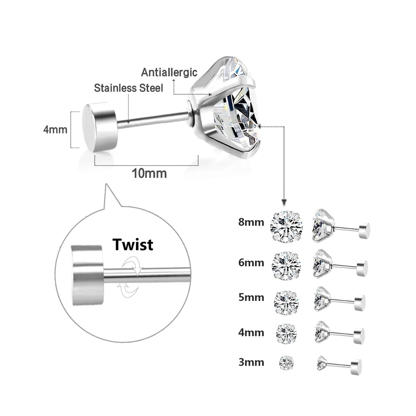 LUXUSTEEL Stainless Steel Crystal Stud Earrings –  4-Prong Cubic Zirconia Round Tragus Earrings for Women & Men