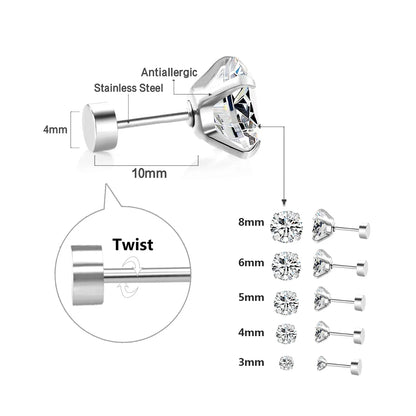 LUXUSTEEL Stainless Steel Crystal Stud Earrings –  4-Prong Cubic Zirconia Round Tragus Earrings for Women & Men