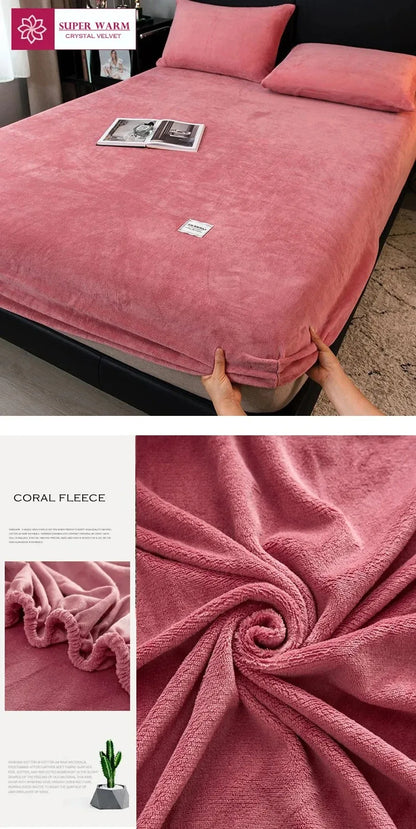 Soft Warm Plush Fitted Sheet – Elastic Coral Fleece Mattress Cover for Winter, Luxury Double Bed Bedding