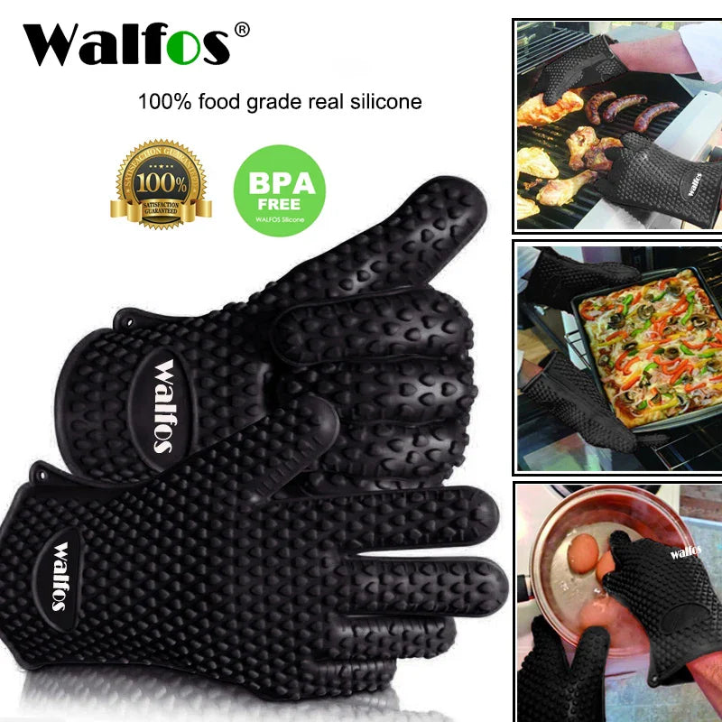 Walfos Silicone Oven Gloves — Heat-Resistant Thick BBQ & Cooking Mitts | Kitchen Gadgets & Accessories