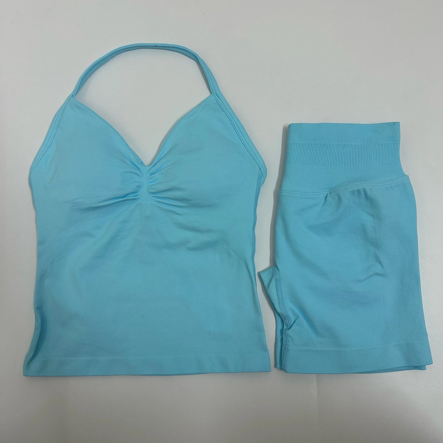 2-Piece Women’s Yoga Set – Seamless Longline Strappy Tank Top & Scrunch Sports Shorts, Summer Workout Gym Outfit