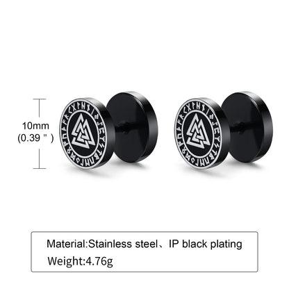 Vnox Men's Viking Black Stud Earrings - Vegvisir & Norse Valknut, Cool Punk Stainless Steel Set
