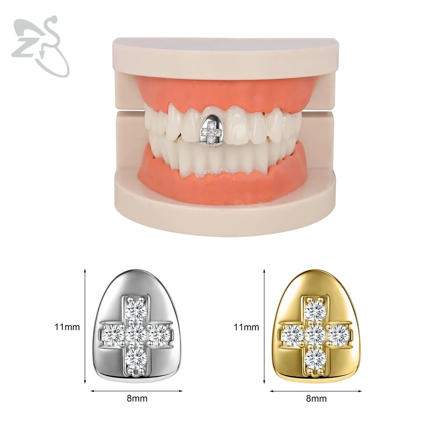 ZS Hip Hop Grillz – Silver/Gold Plated CZ Crystal Cross & Rose Star Tooth Cap, Top & Bottom Set
