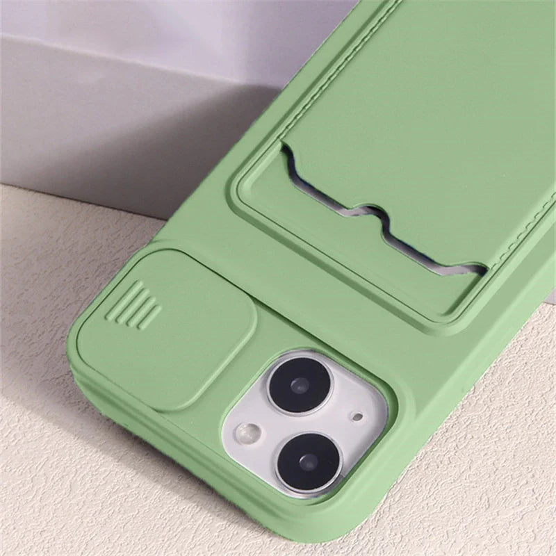 Slide Camera Protection Wallet Phone Case for iPhone – Soft Silicone Card Holder Cover for iPhone 16/15/14/13/12/11 Pro Max, XR, XS Max, 8 Plus Safety Case