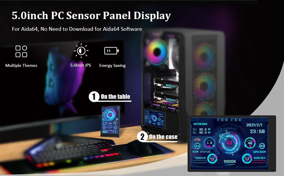 8.8 Inch HDMI Touch Screen Monitor – Long Wide Display with Case, PC Temperature Sensor Panel & Small Extender Monitor