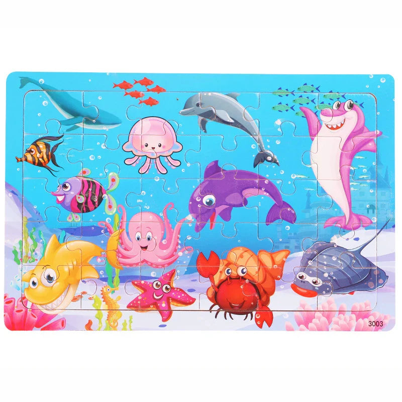 30PCS Wooden Jigsaw Puzzle – Cartoon Animal & Vehicle Educational Toys for Kids