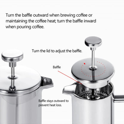 Double-Walled Stainless Steel French Press Coffee Maker Pot – 350ml/800ml/1000ml Insulated Coffee Brewer for Home & Office