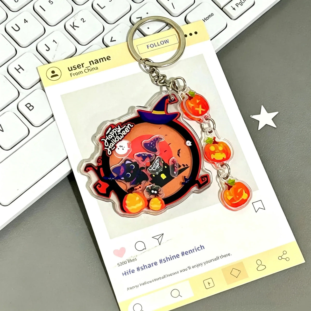 Halloween Acrylic Shaker Keychain - Cute Black Cat, Witch, Pumpkin & Ghost Bag Pendant