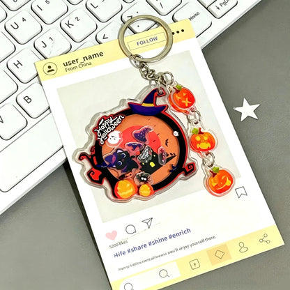 Halloween Acrylic Shaker Keychain - Cute Black Cat, Witch, Pumpkin & Ghost Bag Pendant