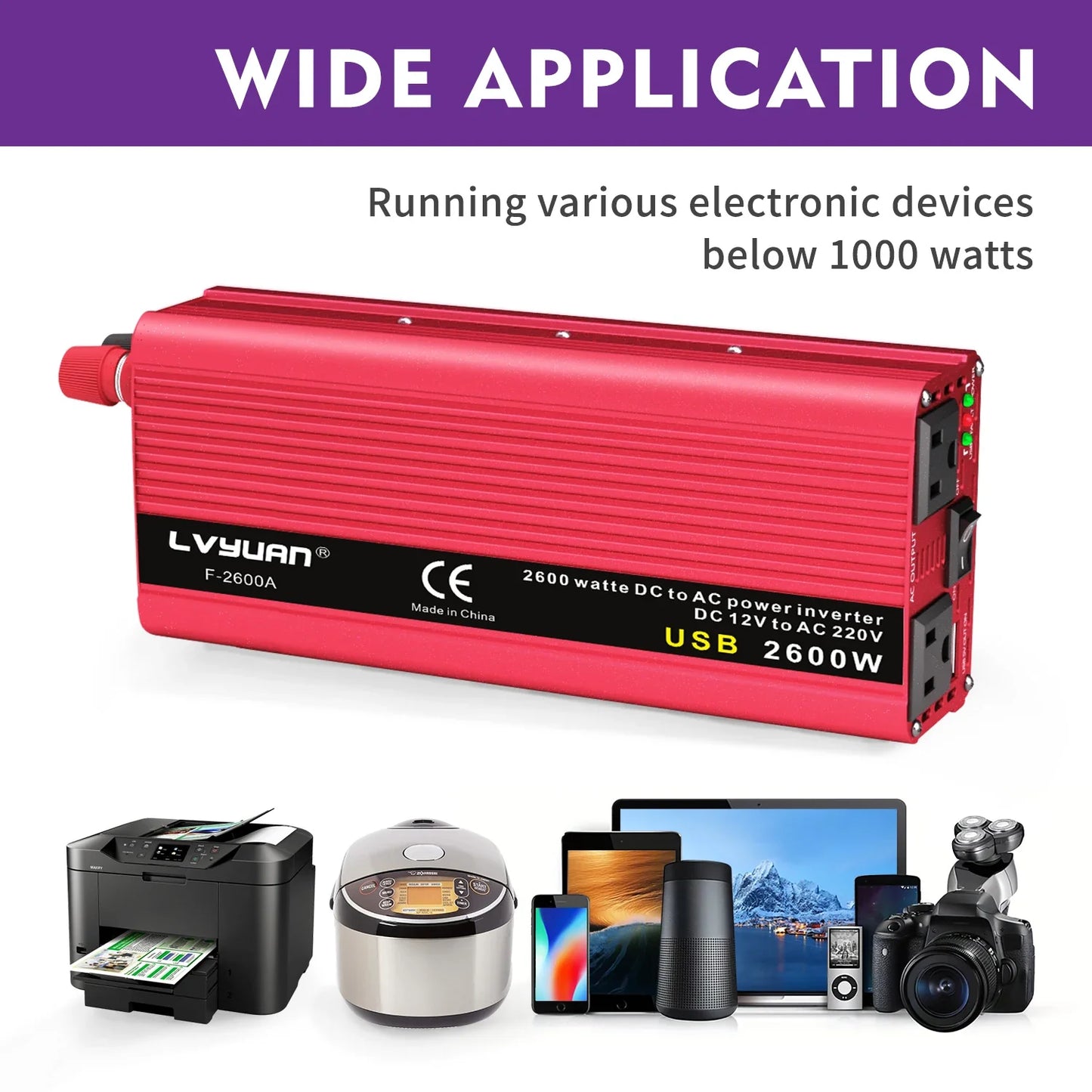 1500W-2600W Car Power Inverter – Portable DC12V to AC110V Charger for Phone, Laptop, Camera with US Socket
