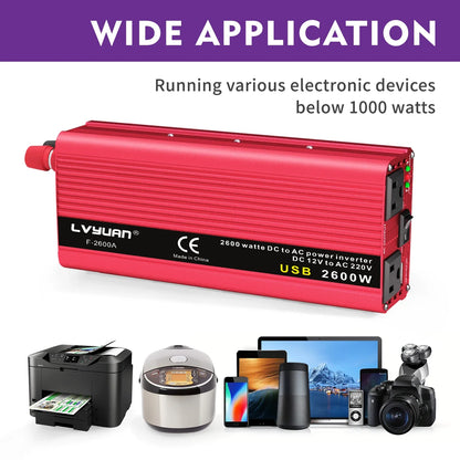 1500W-2600W Car Power Inverter – Portable DC12V to AC110V Charger for Phone, Laptop, Camera with US Socket