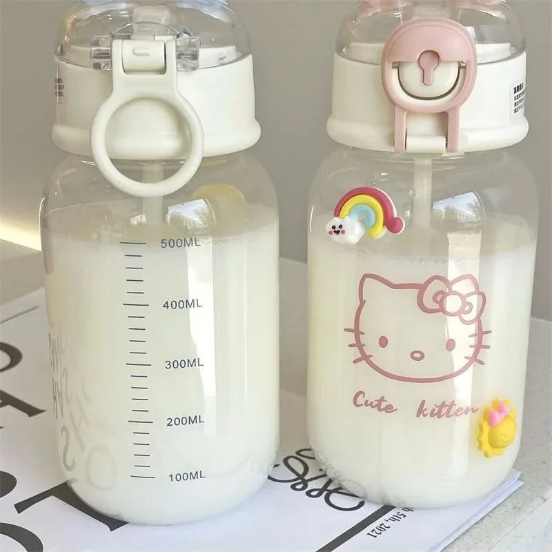 Sanrio Anime Transparent Straw Cup – Hello Kitty & Pochacco 500ML Plastic Water Cup with Handle for Students