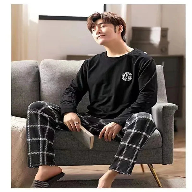 Men's Summer 2024 Long-Sleeve Pyjama Set — Black Plaid Two-Piece Home & Casual Wear, Large Size