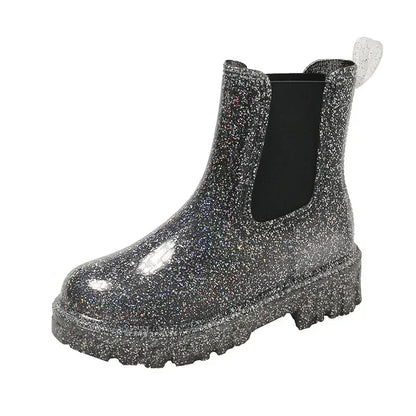 Women’s Shiny Color Fashion Rain Boots – Four-Season Waterproof Mid-Tube Ankle Outdoor Shoes