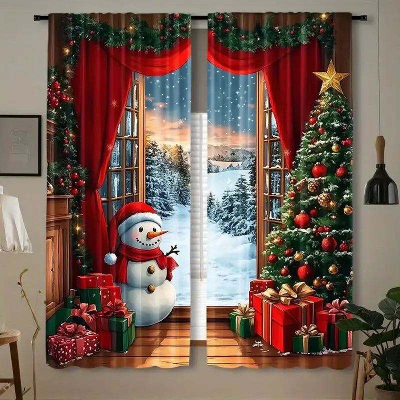 2pcs Santa Claus & Snowman Printed Wood Curtains – Simple Home & Room Decor