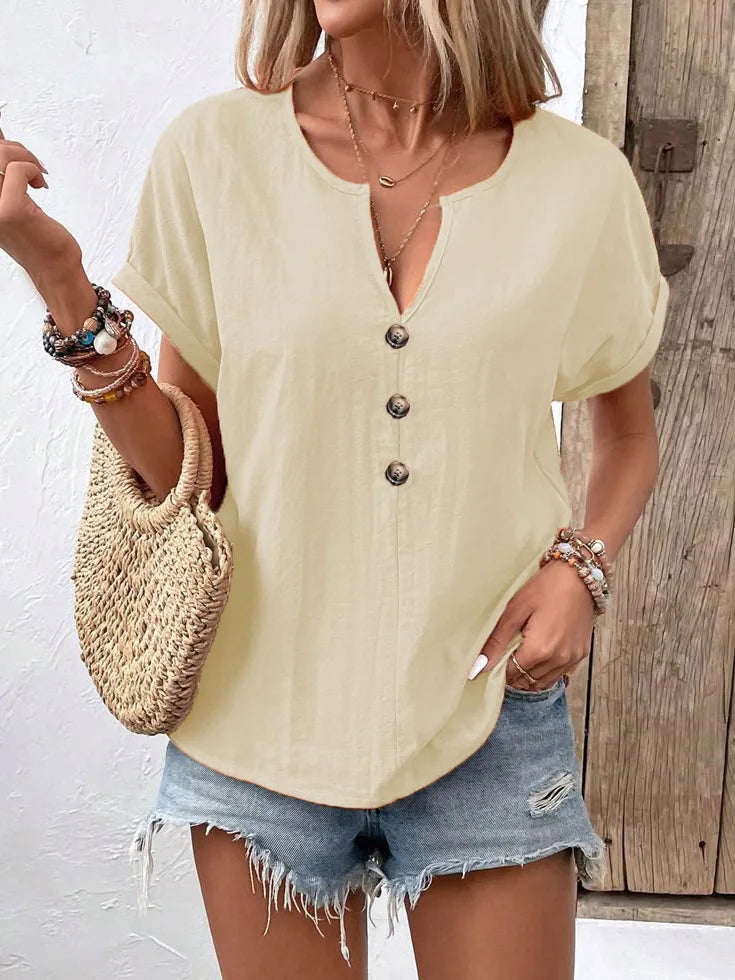 Women’s 2025 V-Neck Button Short Sleeve Blouse – Solid Color Loose Fit Casual Summer Daily Wear Top