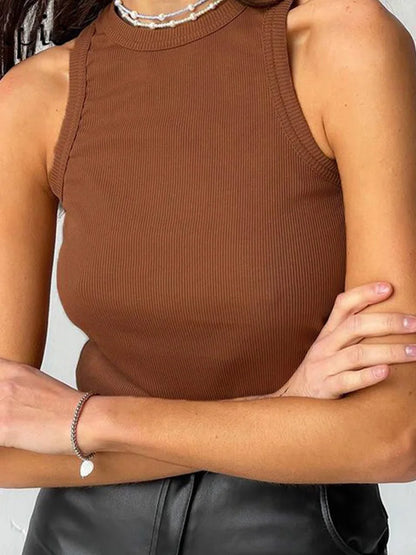 Ribbed Knit Summer Tank Top - Women's Casual Off-Shoulder Basic Vest Shirt