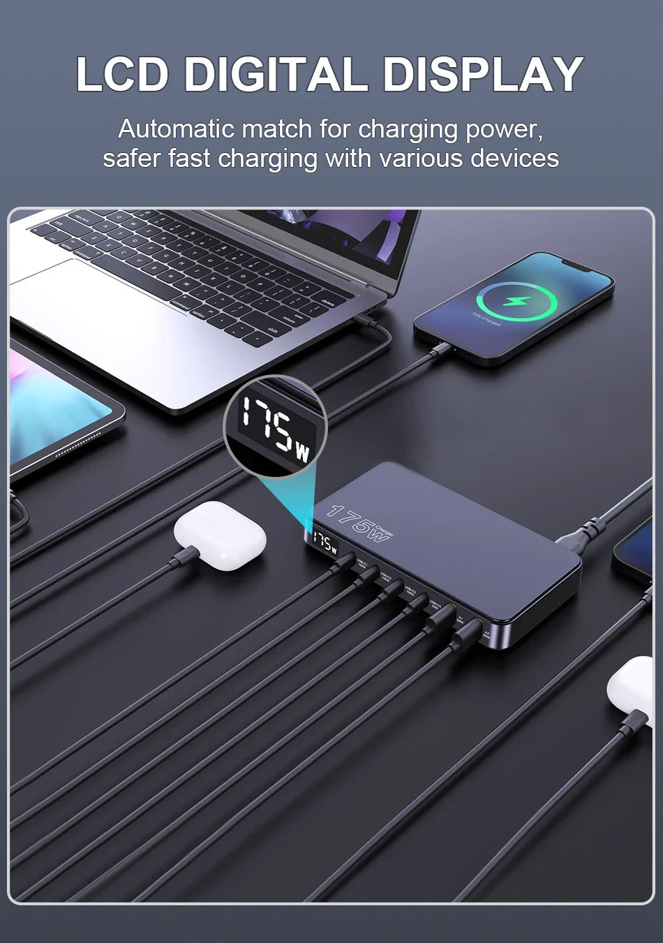 Ueetop 175W GaN USB-C Charger – 6-Port Desktop Charger with LED Display, PD 100W, PPS 45W Fast Charging for MacBook, Samsung, iPhone