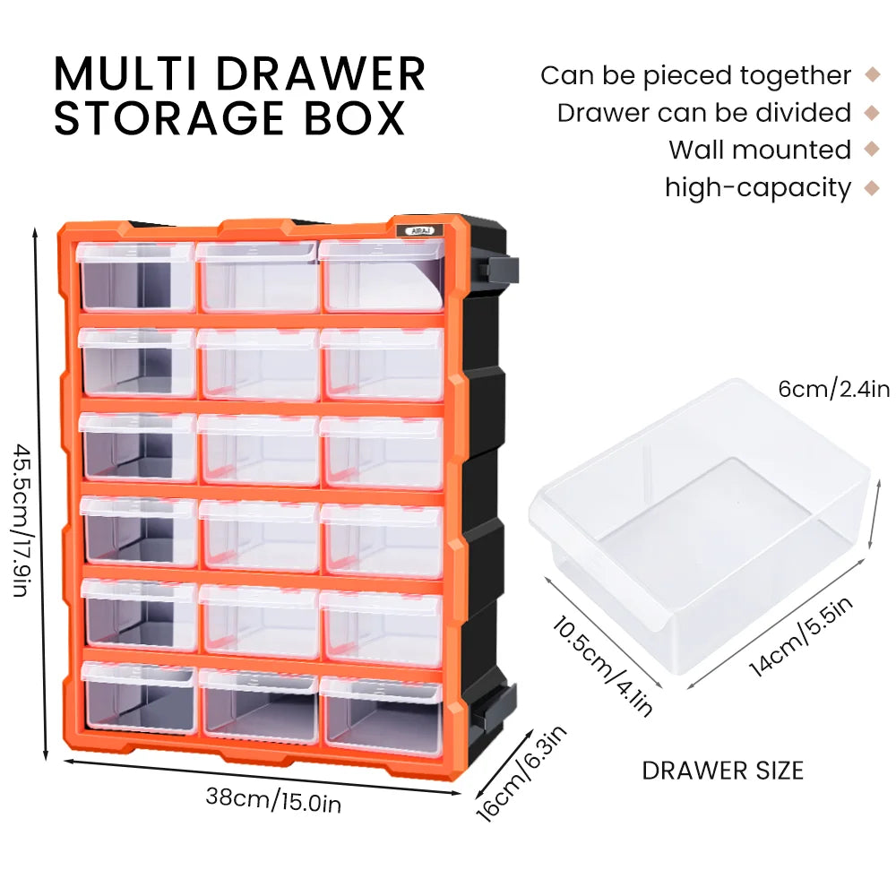 AIRAJ Multi-Drawer Parts Storage Box – 18/39/60 Transparent Plastic Organizers, Spliceable 15-Inch Home Storage