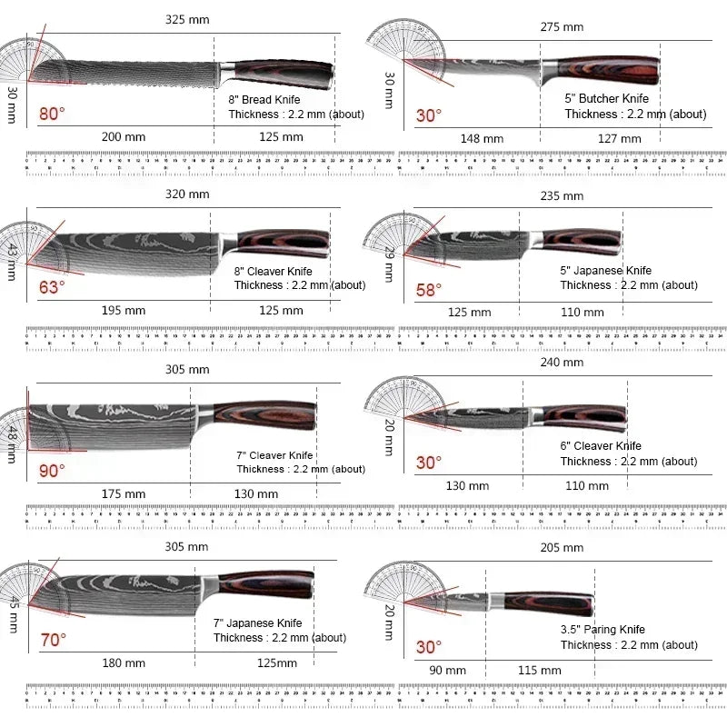 Laser Damascus Kitchen Knife Set – Cleaver, Meat, Fruit, Bread, Boning Knife and Chicken Scissors for Barbecue and Home Cooking