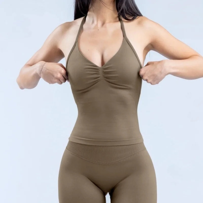 New Impact Sports Yoga Vest - Women's Backless Fitness Top, Built-in Bra with Cups, Scrunch Gym Clothes for Workout