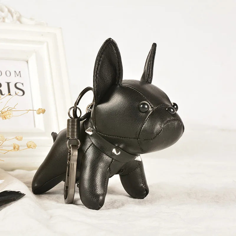Punk French Bulldog PU Leather Dog Keychain — Fashion Bag Charm for Women Car Key Ring