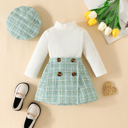 ma&baby Toddler Girls Clothes Set – Knit Long Sleeve Top, Plaid Skirt & Hat, 6M-3Y Fall & Spring Outfit