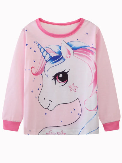 Girls Unicorn Cartoon Pajama Set – Long Sleeve Two-Piece Sleepwear for Kids