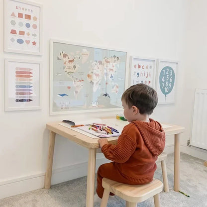 Pastel Animal World Map Canvas Wall Art – Educational Nordic Poster Print for Kids Room Decoration & Nursery Home Decor