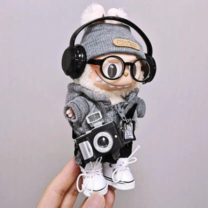 Labubu 15cm/17cm Universal Hoodie Set – Gray Trendy Outfit with Camera, Glasses, Headphones & Canvas Shoes (Series 1-3 Compatible)