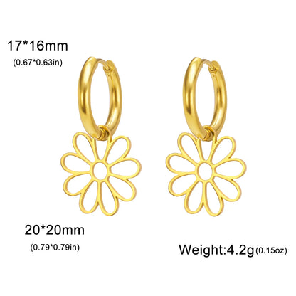 Nine Petal Flower Hoop Earrings - Stainless Steel Bohemian Hollow Pendant Jewelry Gift for Women