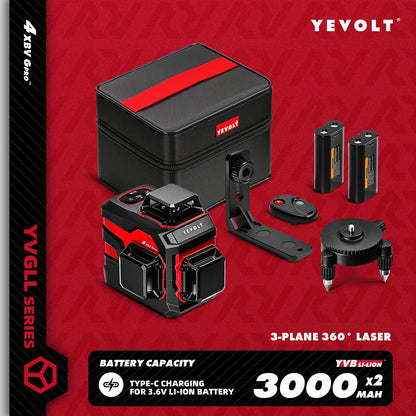 YEVOLT YVGLL4XS12 12-Line Green Laser Level – ±0.2mm/m Precision, IP54 Waterproof, Auto-Leveling with Slope Mode