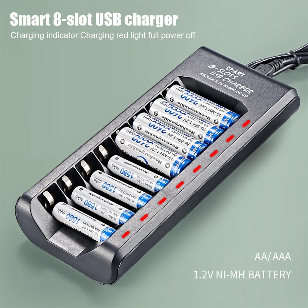 8-Slot Fast USB Rechargeable Battery Charger – AA/AAA NiMH 1.2V with Short Circuit Protection & USB Output
