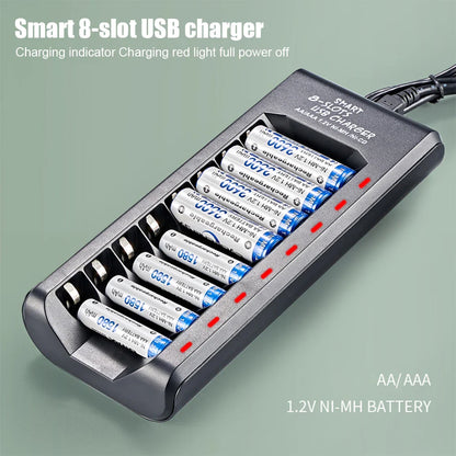 8-Slot Fast USB Rechargeable Battery Charger – AA/AAA NiMH 1.2V with Short Circuit Protection & USB Output