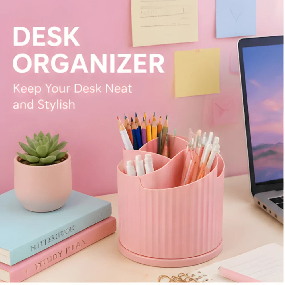 360° Rotating Pen Holder Organizer - 5 Compartment Candy Color Desk Storage Box for Kids, School & Office