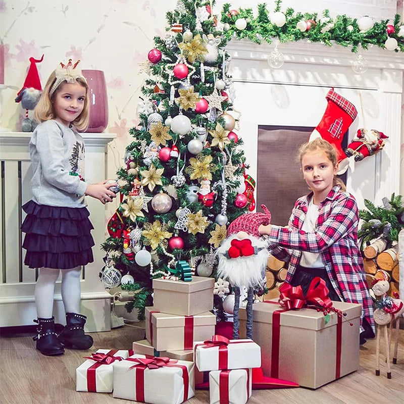 8/16PCS Christmas Decoration Set – Glitter Artificial Flowers for Tree, Home Decor, Xmas Ornaments, and New Year Decoration