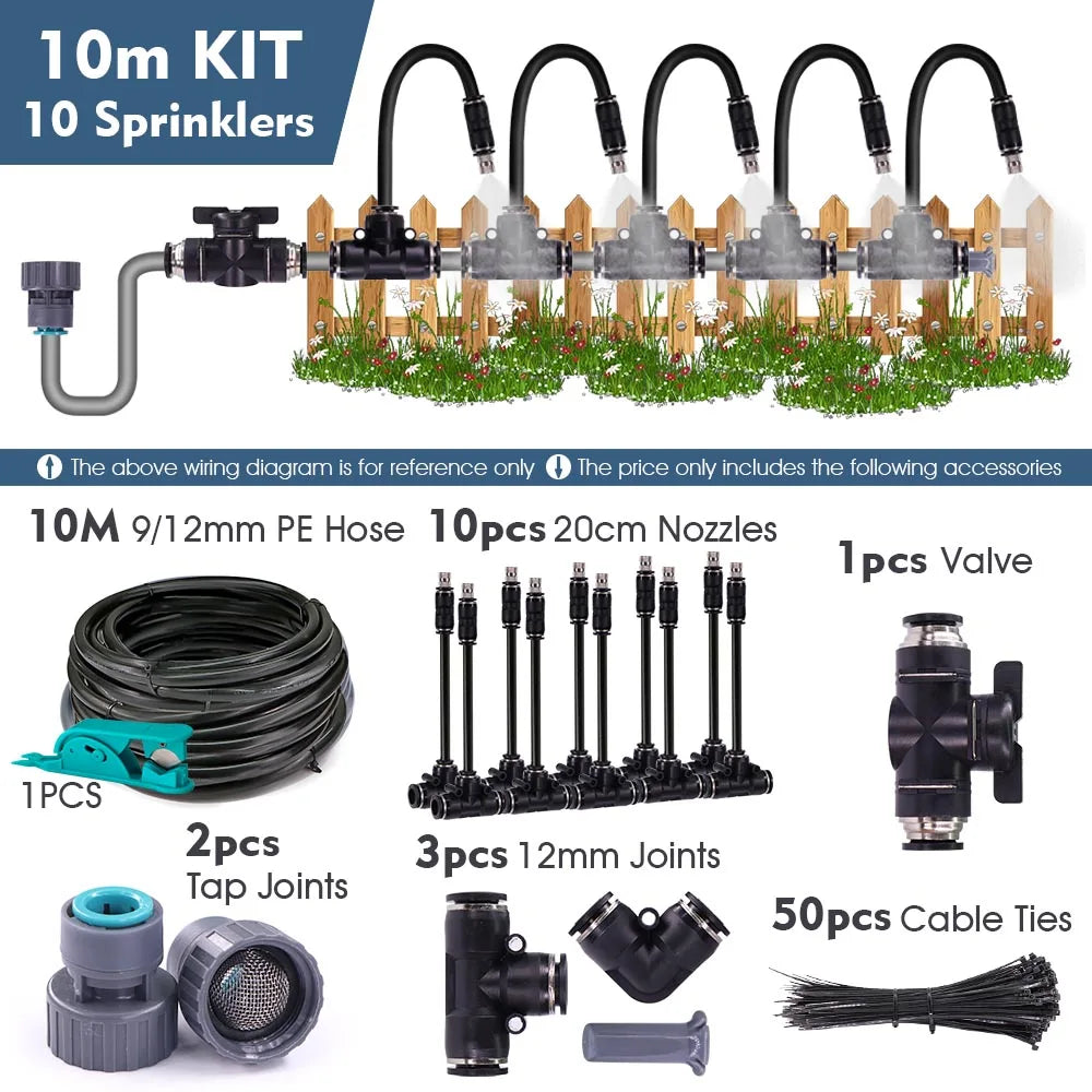 3/8" Misting Cooling System Kit – 360° 0.6mm Nozzle Atomizer with PE Tubing & 80 Mesh Filter for Garden Irrigation Watering