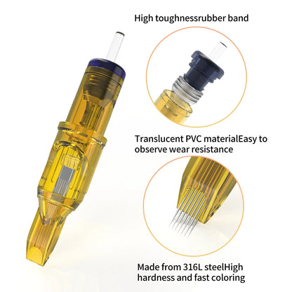 20PCS Yellow Dragonfly Tattoo Cartridge Needles (1,3,5,7,9,11,13,14,15) – RL, RM, RS, M1 for Tattoo Machine Pen Accessories