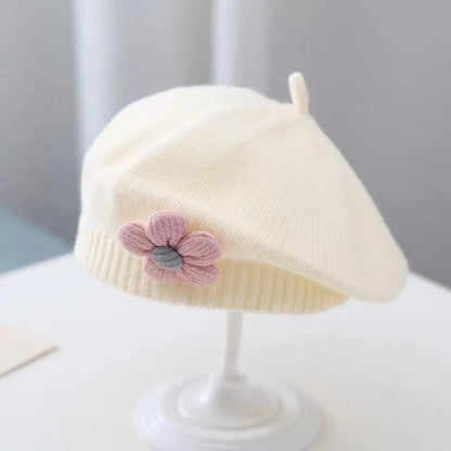 Flower Baby Beret Hat – Winter Warm Knitted Beanie for Infant & Toddler Girls, Korean Princess Artist Painter Cap Solid Color