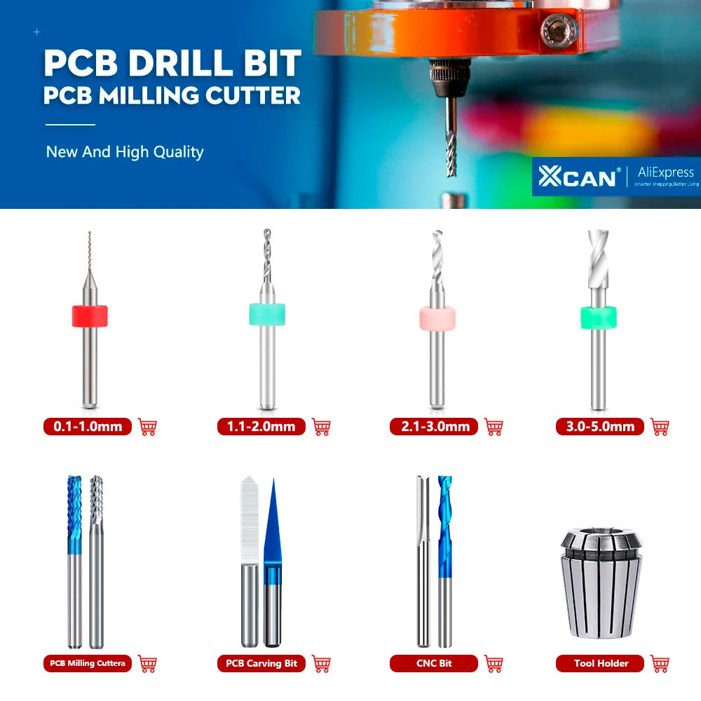 XCAN PCB Drill Bit Set – 50pcs 0.3-1.2mm Carbide Bits with 1/8" Shank for Micro Gun PCB Circuit Board Drilling