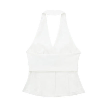 TRAFZA Women’s 2-Piece Set — Sleeveless Halter Vest Top with High-Waist Wide Leg Pants & Zipper Pockets