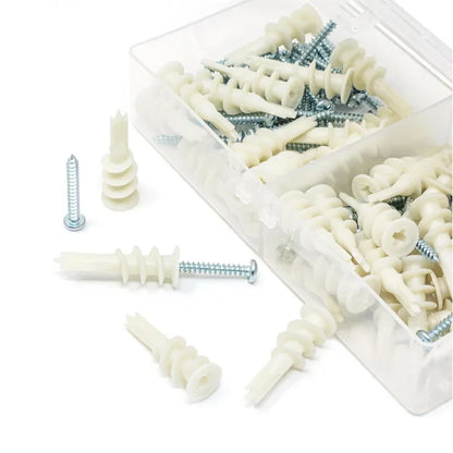 100Pcs Nylon Drywall Ribbed Anchors with Self-Tapping Screws — Plastic Plasterboard Wall Bolts