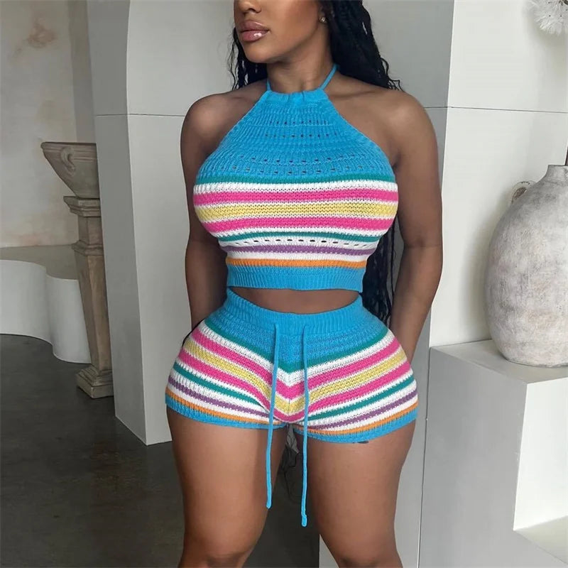 Women’s Rainbow Striped Knit 2-Piece Set – Halter Lace-Up Backless Top & Slim Fit Shorts Casual Outfit