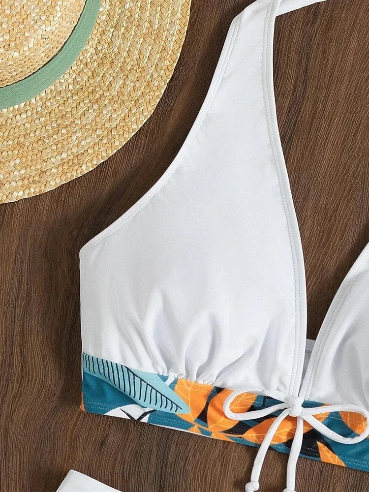 Women's High Waist Printed Bikini Set - Conservative Halter Split Swimsuit for Summer Beachwear
