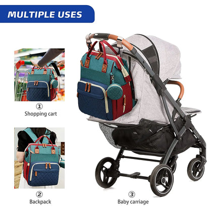 3-in-1 Diaper Bag Backpack – Waterproof Travel Bag with Foldable Baby Bed & USB Charging