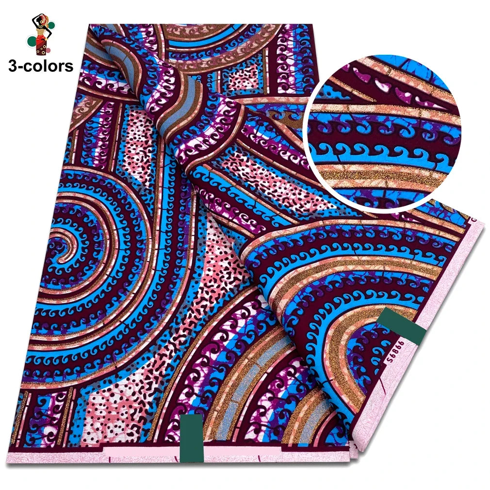 African Glitter Glam Wax Fabric - 100% Cotton Golden Ankara Print 6 Yards